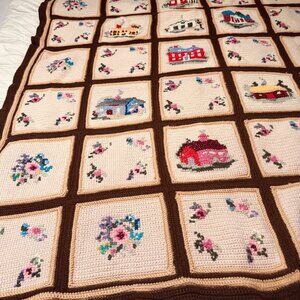 Handcrafted Crochet Blanket With Floral & Cottage Designs Beige & Brown Squares